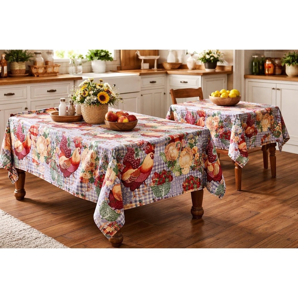 Vtg Rooster Farmhouse Tablecloth cotton Set‎ 50x64 Country Cottagecore set of 2